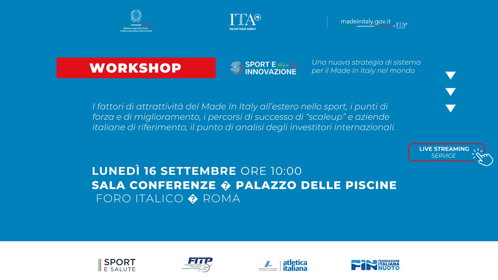 "Sport e Innovazione Made in Italy", lunedì 16 settembre al Palazzo delle Piscine il secondo workshop